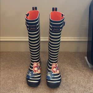 Joules Welly Navy and White Striped Floral Boots Size 5 EU 36